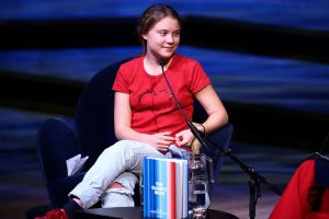 Swedish climate activist Greta Thunberg speaks during the launch of her new book "The Climate Book" at the The Southbank Centre’s London Literature Festival